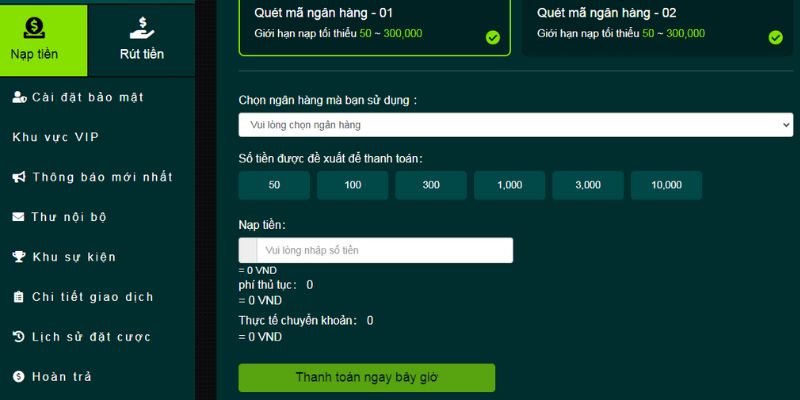 Các bước nạp tiền qua internet banking 